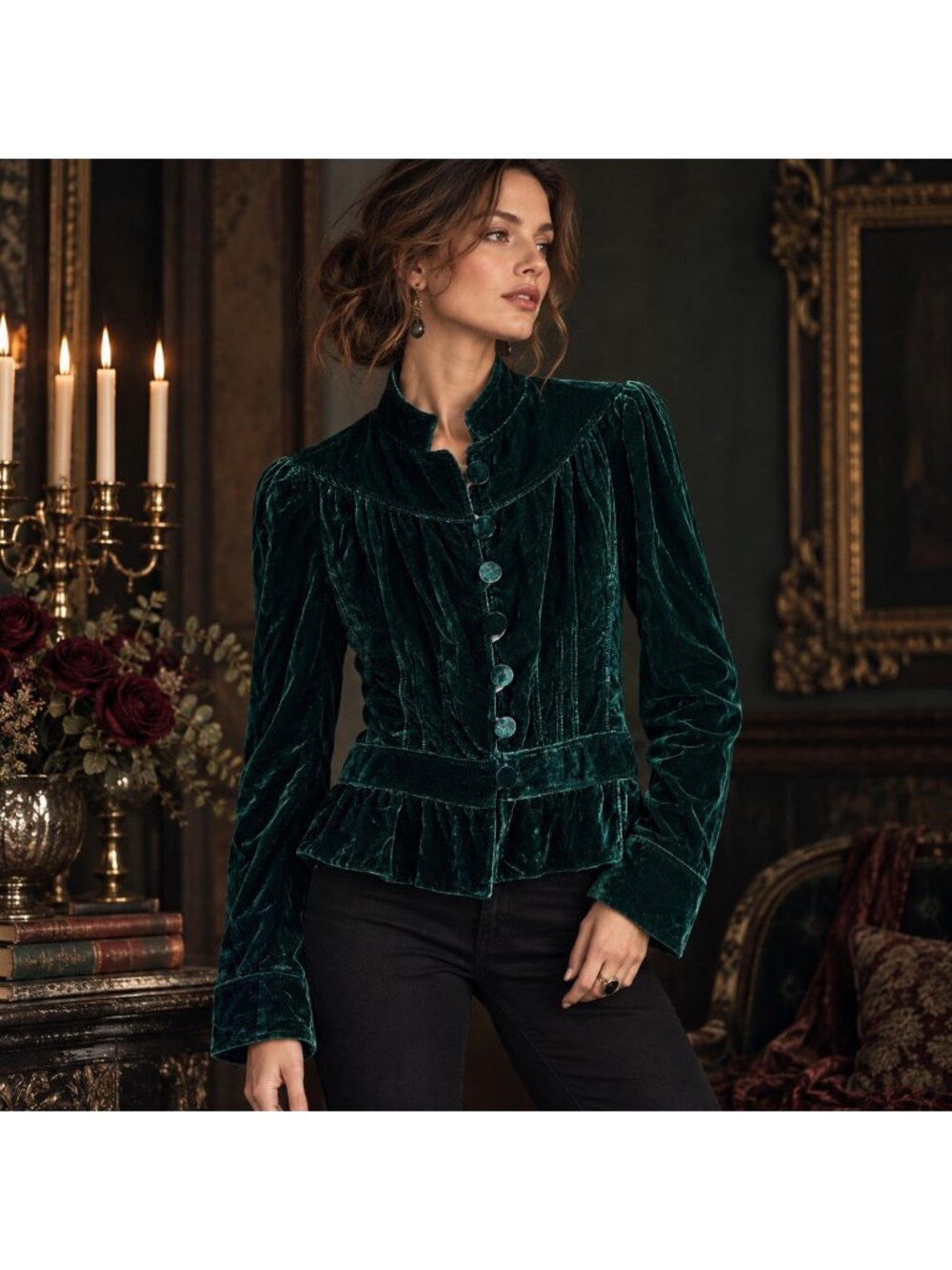 Necessary Objects Dark Hunter Green Velvet Jacket Large Victorian Goth Ruffle